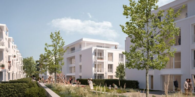 Moderne Wohnanlage mit grünen Flächen, Spielplatz und Familienaktivitäten in einer urbanen Umgebung.